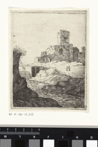 Ruin with a tower near a waterfall