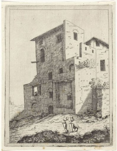 Two pedestrians in front of a house
