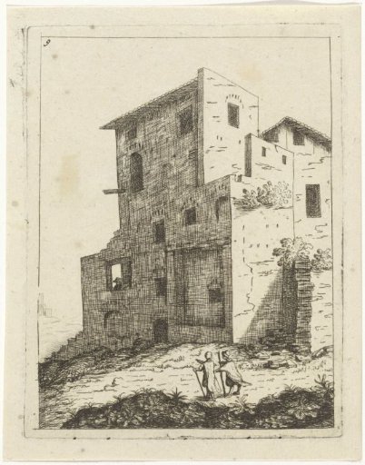 Two pedestrians in front of a house