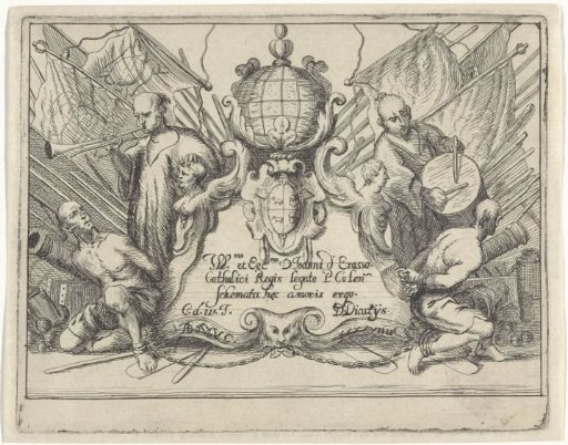 Islamic galley slaves on either side of a cartouche