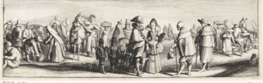 Elegant couple and two pilgrims in the foreground
