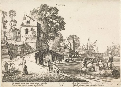 Village Scene with Activity on the Water: April