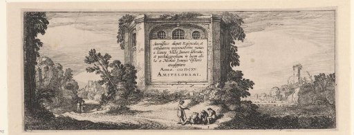 Figures at a hexagonal building in a landscape