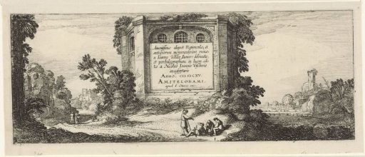 Figures at a hexagonal building in a landscape