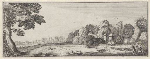 Hunters with dogs at a farmhouse