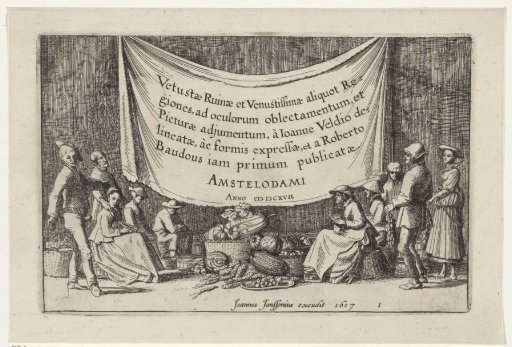 Figures by baskets of fruit and vegetables