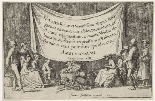 Figures by baskets of fruit and vegetables