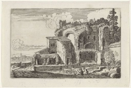 Fishermen by a Romanesque ruin in a landscape