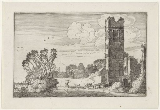 Shepherd on a bridge by a dilapidated tower