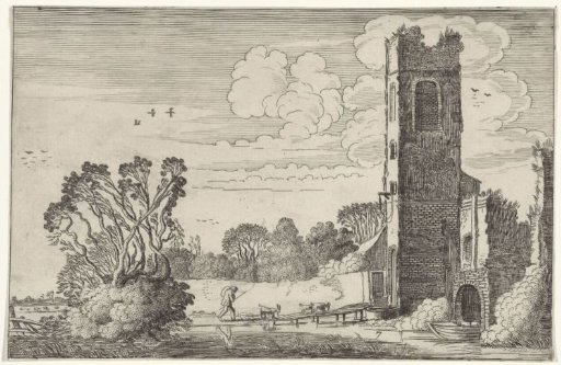Shepherd on a bridge by a dilapidated tower