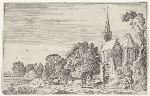 Monks and a shepherd by a dilapidated church