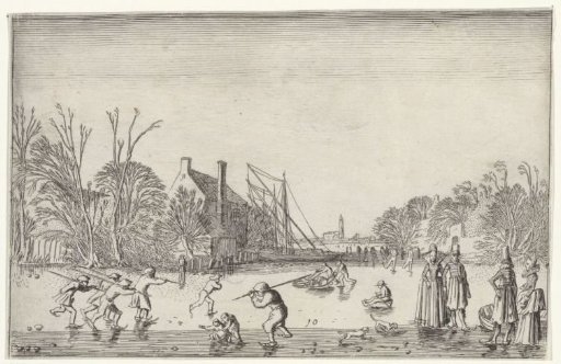 Figures on the ice by a house