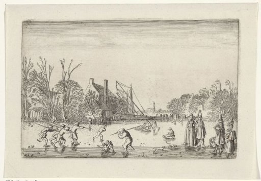 Figures on the ice by a house
