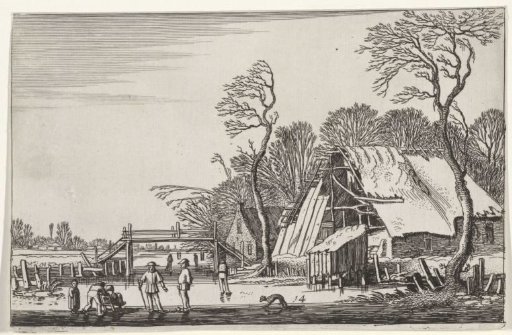 Figures on the ice near a dilapidated farmhouse