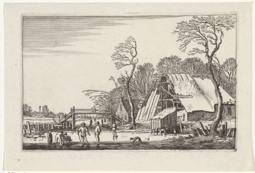 Figures on the ice near a dilapidated farmhouse