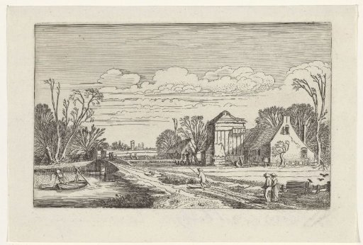 Figures on a country road near a farmhouse