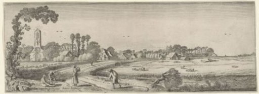Figures on a path near a village