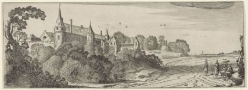 Four gentlemen on a path near a castle
