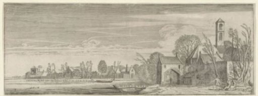 Figures near a village on a lake