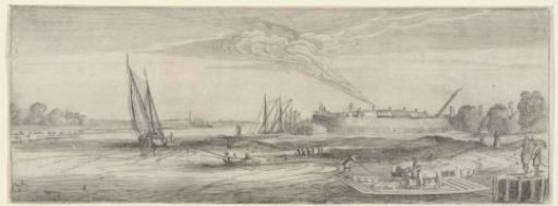 Ferry near a fortress in a river landscape