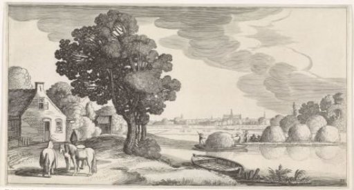 Transport of hay on a river with Haarlem in the distance