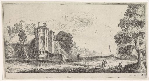 Landscape with figures by a fortified house with two towers