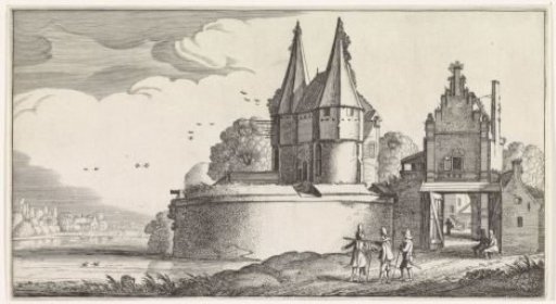 Soldiers by a Fort and a City Gate on a River