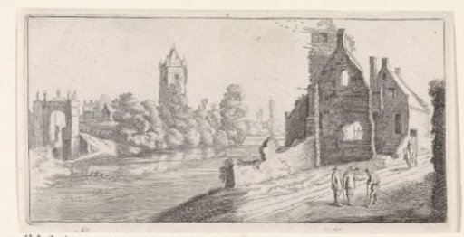 Figures in a river landscape with ruins