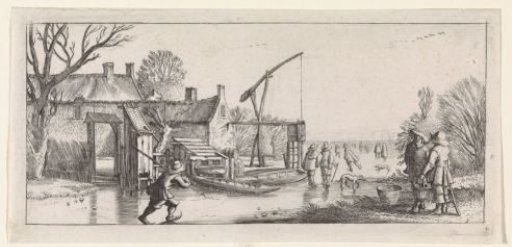 Winter landscape with skaters at a brewery