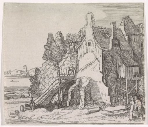 Figures at a ruined house by a river