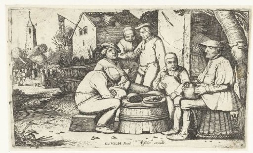 Six Farmers Sitting Around a Barrel at an Inn