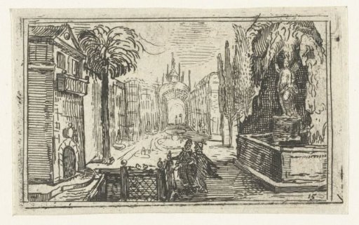 Garden with fantasy architecture, fountains and grotto