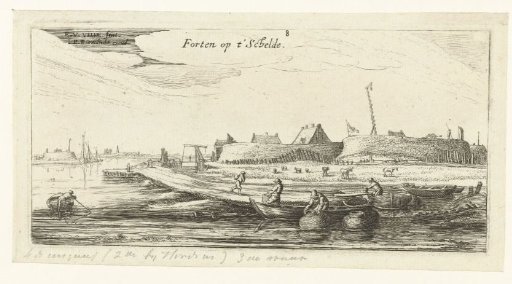 Rowing boats with fishermen in front of a fort on the Scheldt
