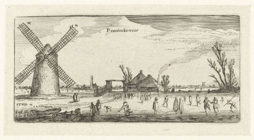 Skaters on the ice near a mill at Penningsveer