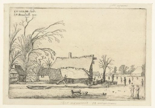 Farmhouse near a frozen river with skaters