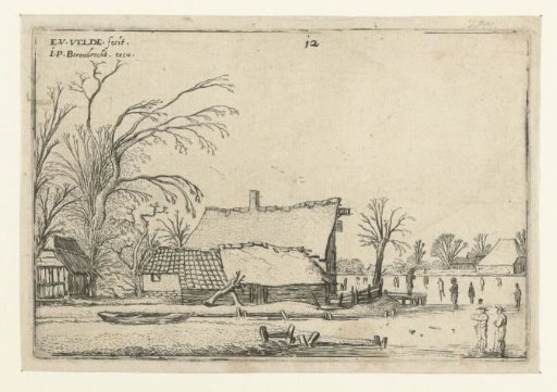 Farmhouse near a frozen river with skaters