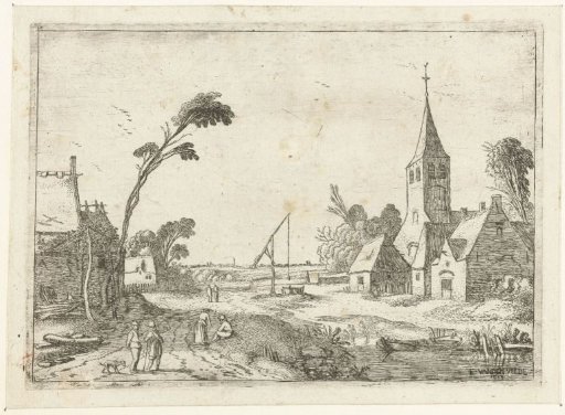 Village view with farmhouses, church and a well