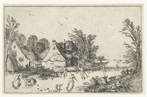 Skaters and kolf players near farmhouses
