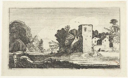 Landscape with square tower near houses