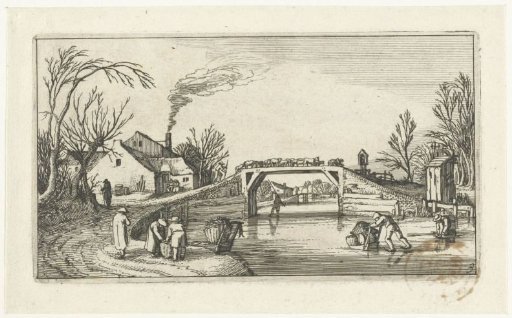 Landscape with skaters near a bridge with sheep