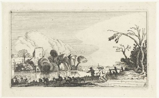 Shepherd with goats and sheep by a river