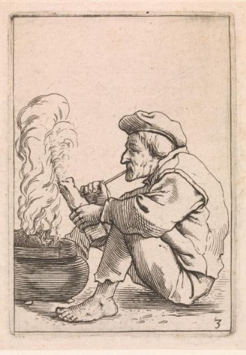 Seated peasant with a pipe in front of a steaming kettle