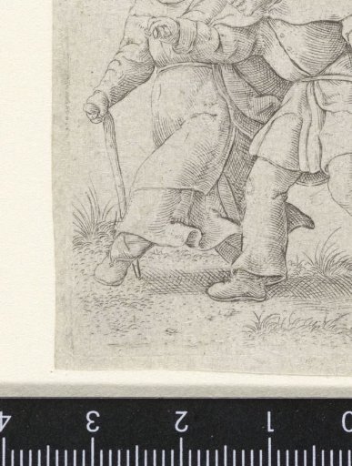 Woman and blind man dressed as peasants