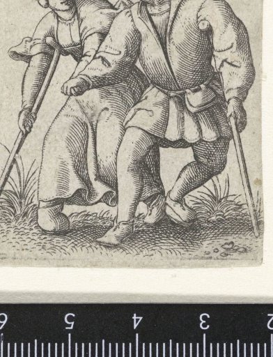Man and woman, cripples, dressed as burghers, walking hand in hand