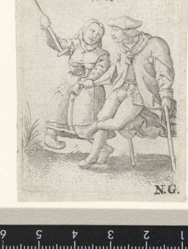 Dancing man and woman dressed as burghers