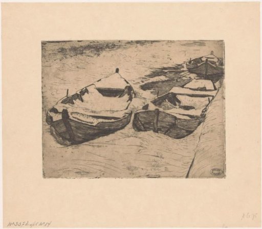 Three snow-covered rowing boats by a quay