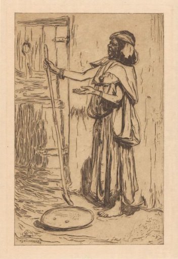 Begging figure with walking stick, possibly in Morocco