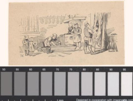 Figures in a Kitchen with a Pig Being Skinned
