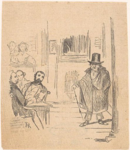 Man with Hat and Walking Stick Entering a Café