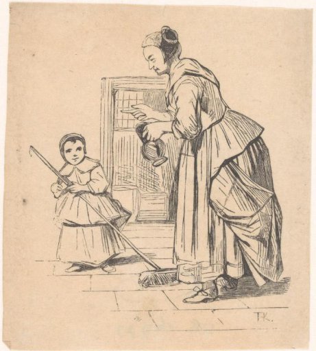 Woman with Jug and Girl with Broom